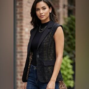 Red Coral Black Lace & Leopard Print Sleeveless Blazer Vest Women’s Size Small